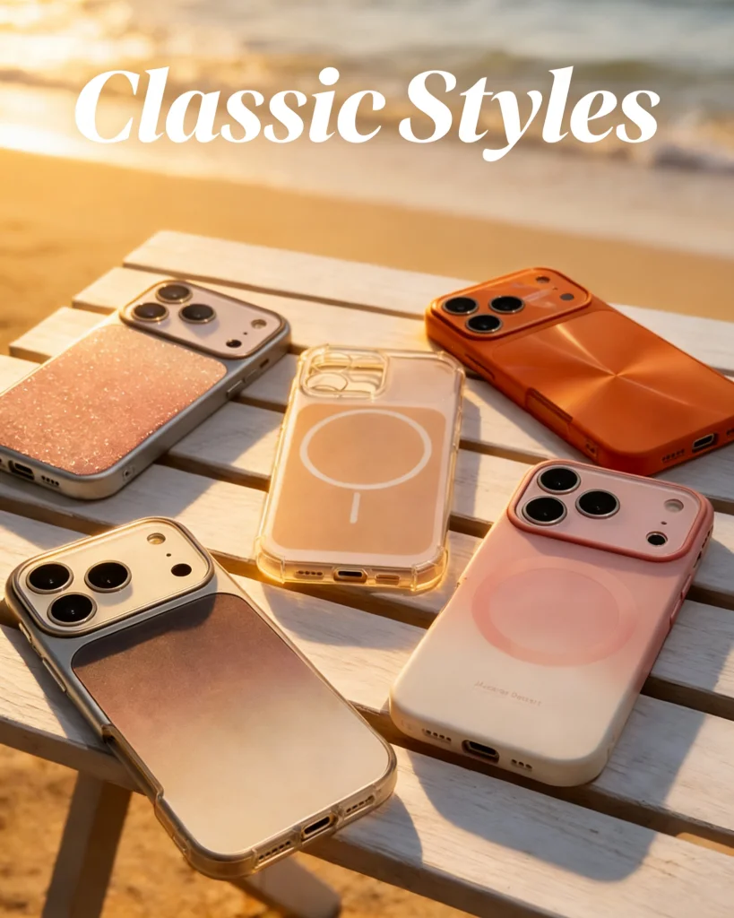 Classic minimalist phone cases neatly arranged on a clean desk with subtle props, highlighting everyday stylish designs