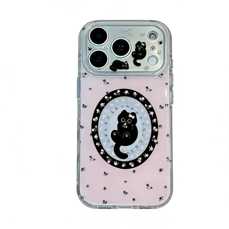 ChicCase Lab Ins Pink Base Black Floral Circle Cat Phone Case with Bracelet for iPhone17ProMax/16Pro Shockproof Cover