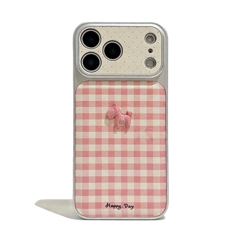 ChicCase Lab Ins Style Pink Gingham 3D Pony Phone Case for iPhone17ProMax/16Pro Shockproof Cover