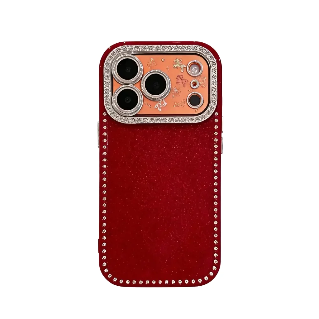 ChicCase Lab Red Glitter Rhinestone Glass Case in fine glitter red base, case only, for iPhone 17, 16, 15 series.