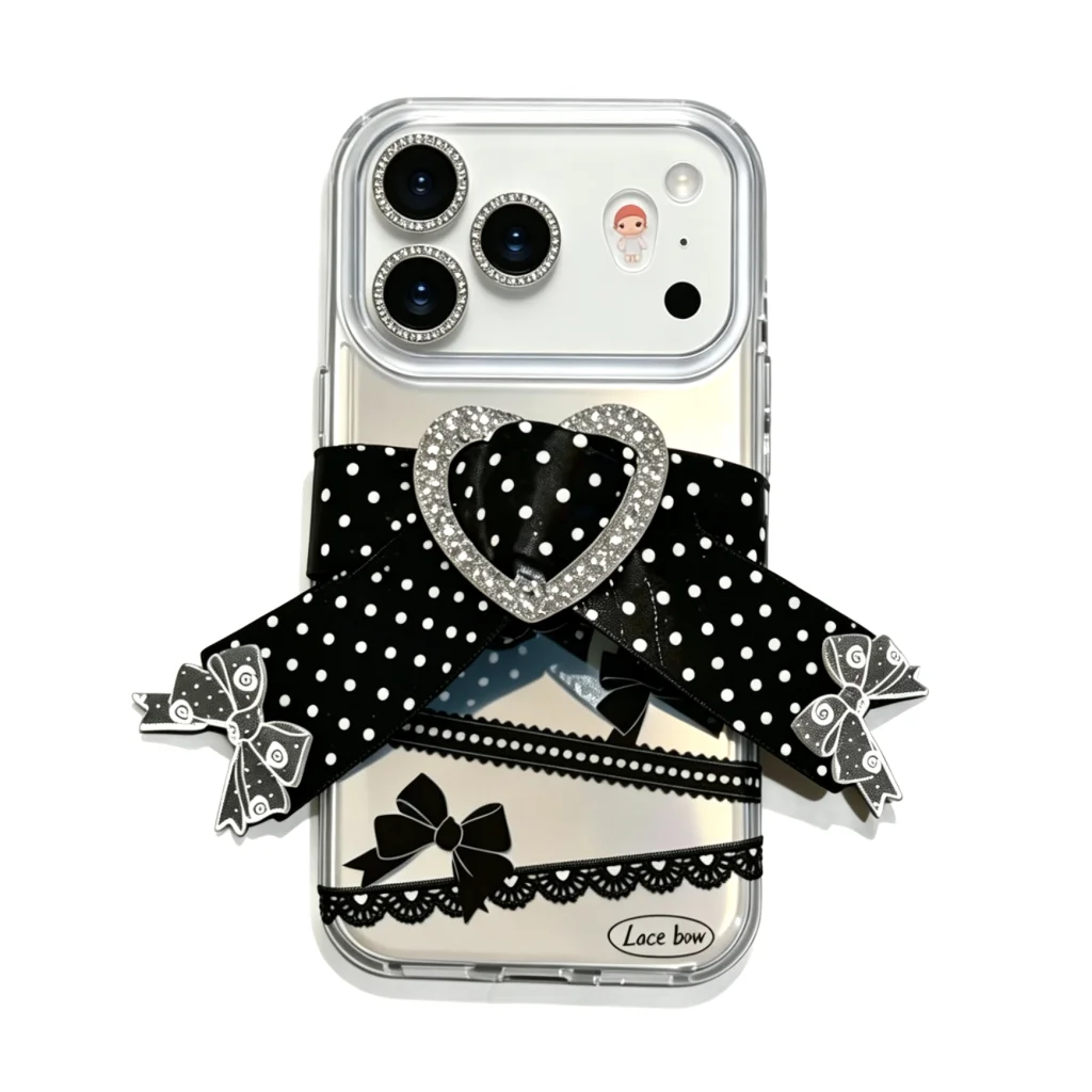 Aesthetic Mirror Bow iPhone Case with 3D lace bow and finger strap