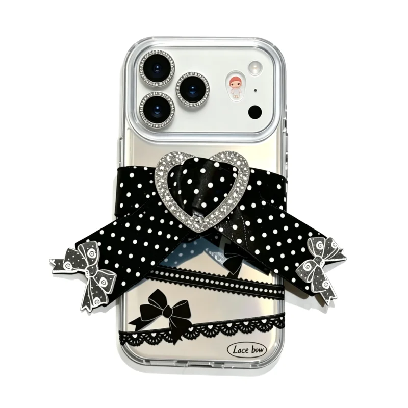 Aesthetic Mirror Bow iPhone Case with 3D lace bow and finger strap