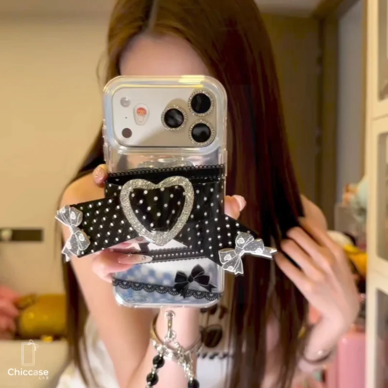 Aesthetic Mirror Bow iPhone Case with 3D lace bow and finger strap