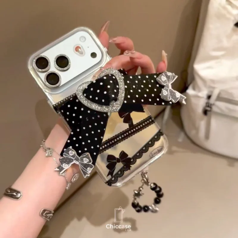 Aesthetic Mirror Bow iPhone Case with 3D lace bow and finger strap