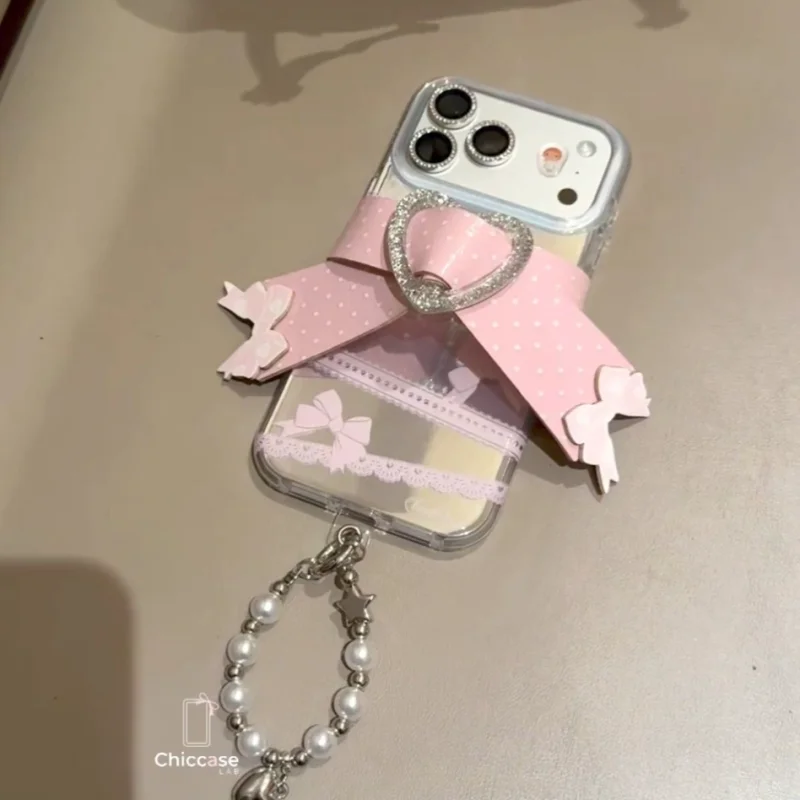 Aesthetic Mirror Bow iPhone Case with 3D lace bow and finger strap