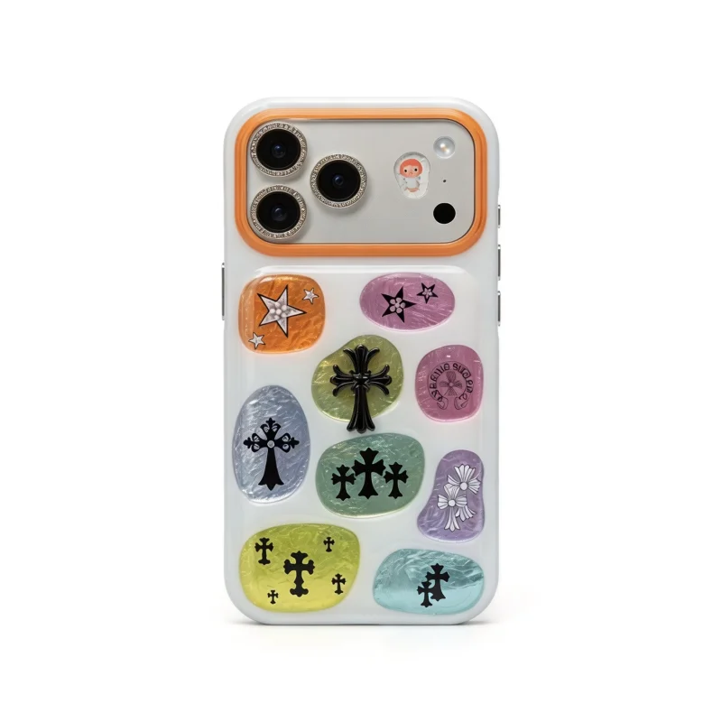 Aesthetic Colorful Cross iPhone Case with macaron metallic patches