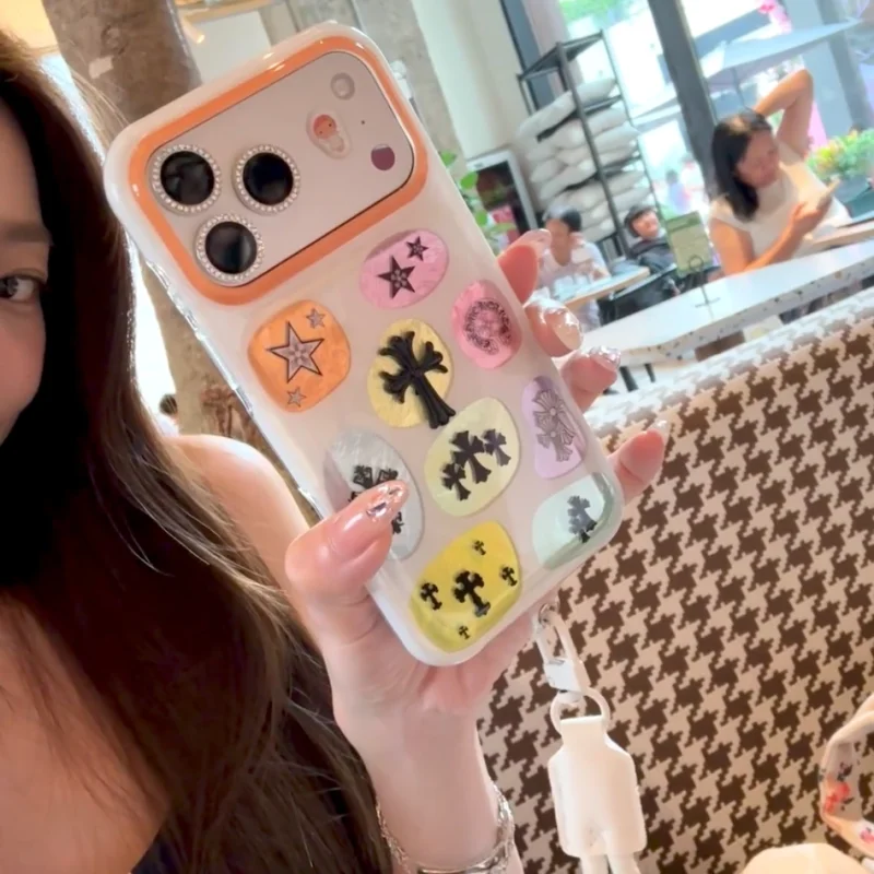 Aesthetic Colorful Cross iPhone Case with macaron metallic patches