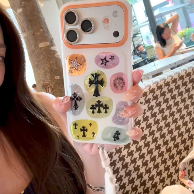Aesthetic Colorful Cross iPhone Case with macaron metallic patches