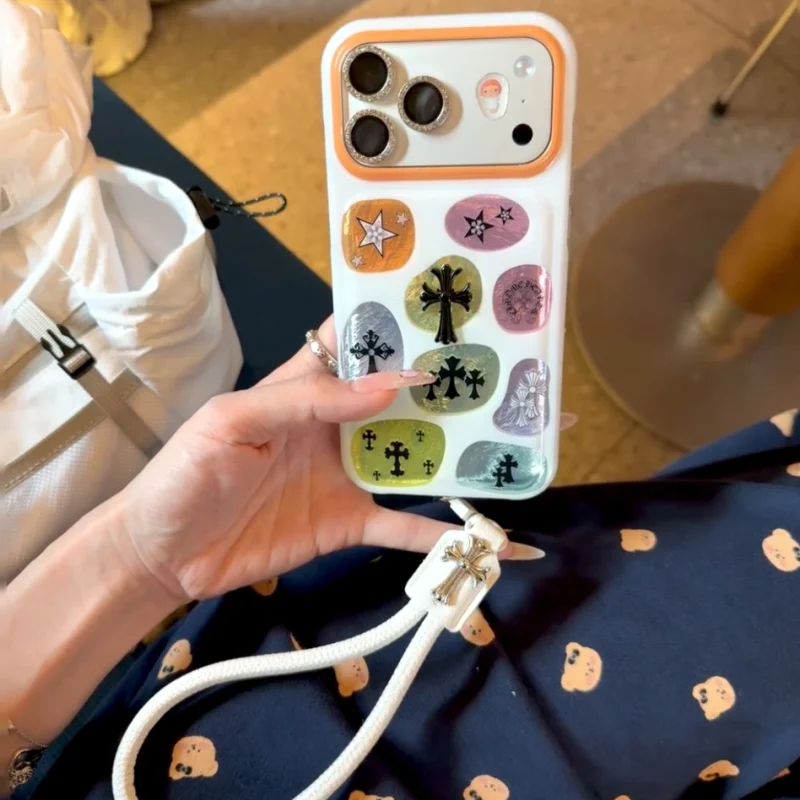 Aesthetic Colorful Cross iPhone Case with macaron metallic patches