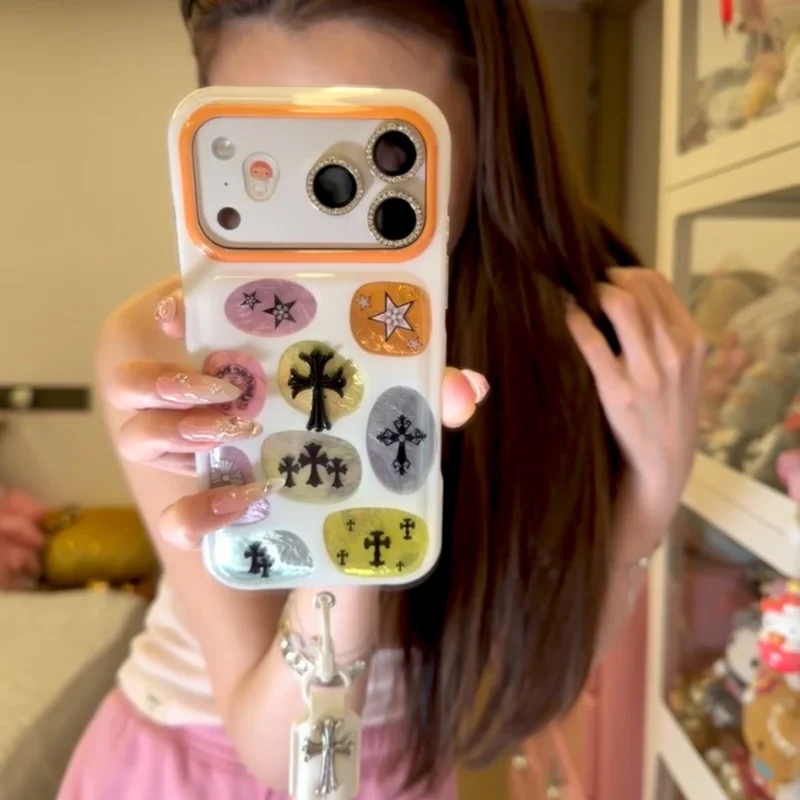 Aesthetic Colorful Cross iPhone Case with macaron metallic patches