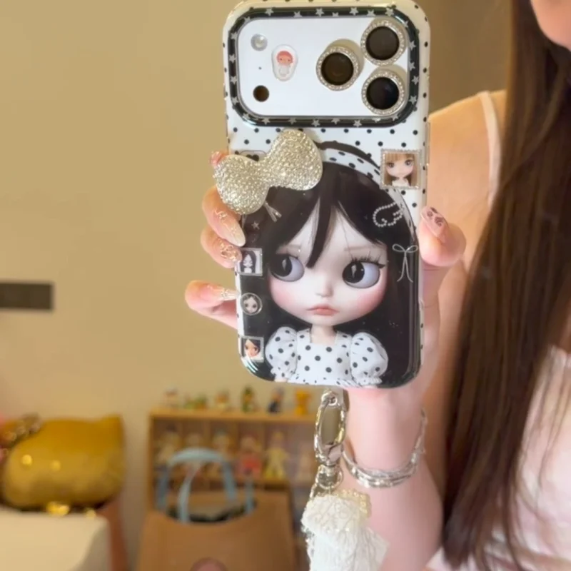 Retro 3D Bow Doll iPhone Case with optional pearl lanyard accessory