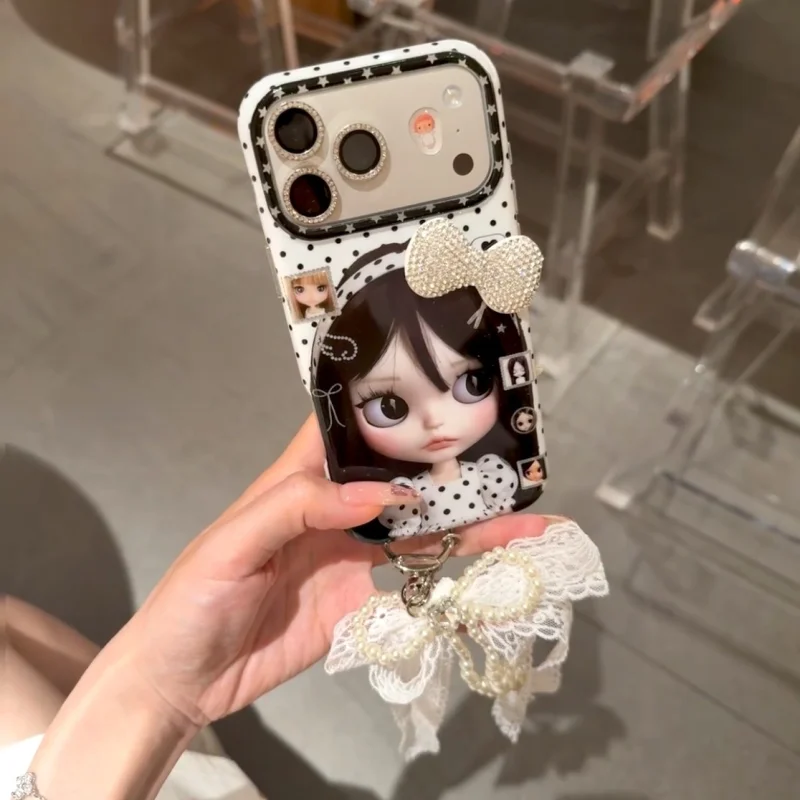 Retro 3D Bow Doll iPhone Case with optional pearl lanyard accessory
