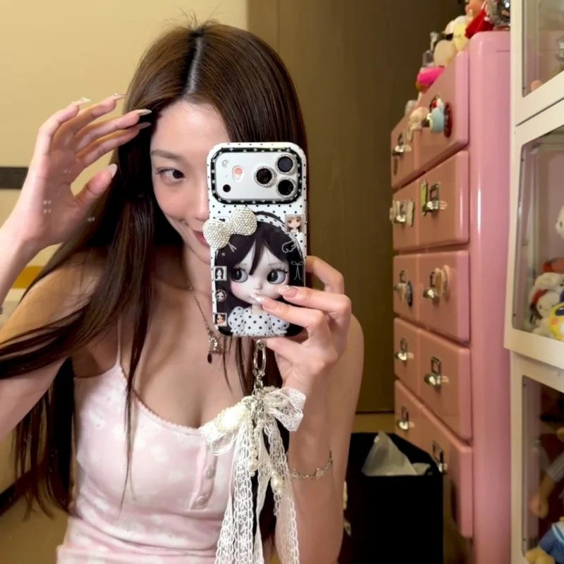 Retro 3D Bow Doll iPhone Case with optional pearl lanyard accessory