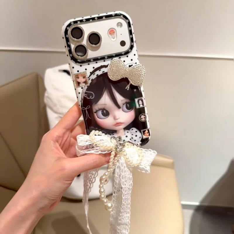 Retro 3D Bow Doll iPhone Case with optional pearl lanyard accessory