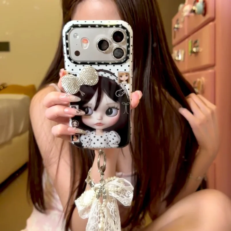 Retro 3D Bow Doll iPhone Case with optional pearl lanyard accessory