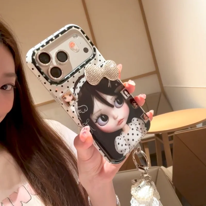 Retro 3D Bow Doll iPhone Case with optional pearl lanyard accessory
