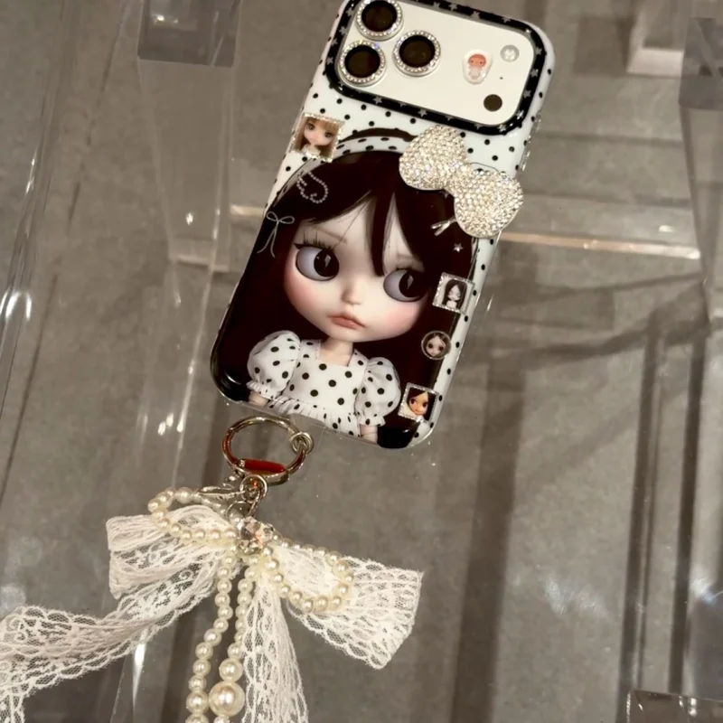 Retro 3D Bow Doll iPhone Case with optional pearl lanyard accessory