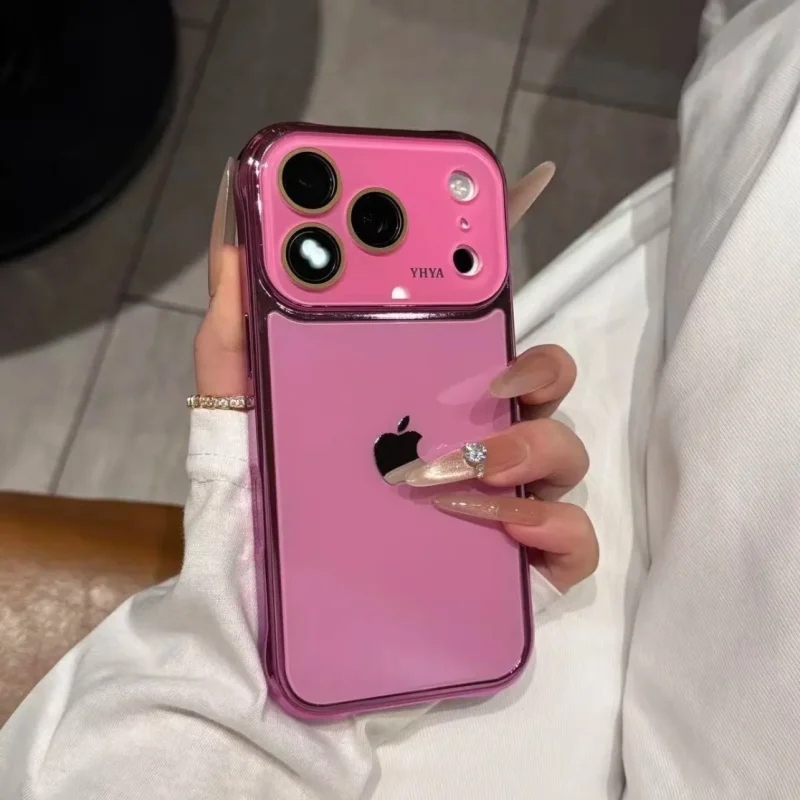 ChicCase Lab Pink Electroplated Tempered Glass iPhone Case with metallic camera frame