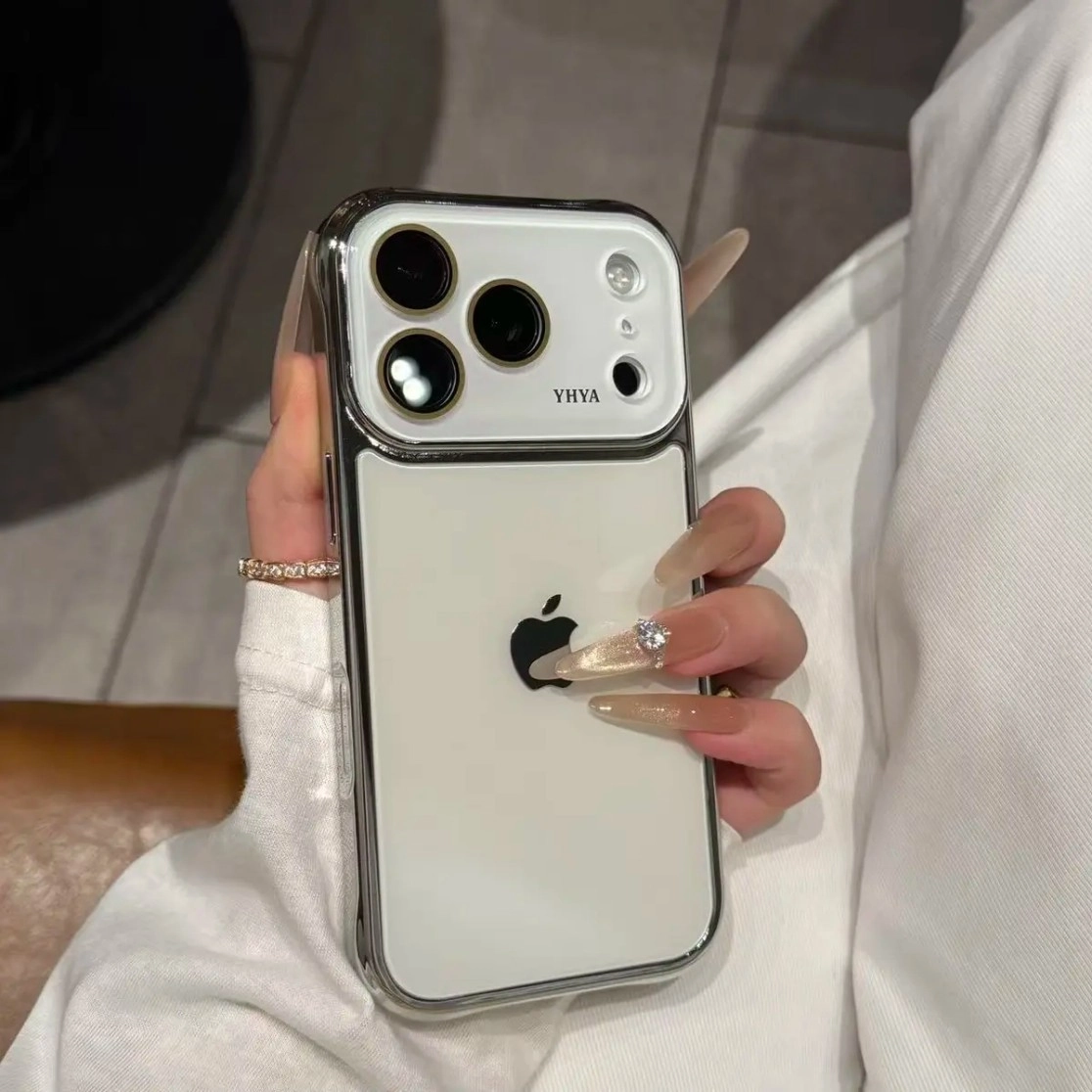 ChicCase Lab Pink Electroplated Tempered Glass iPhone Case with metallic camera frame