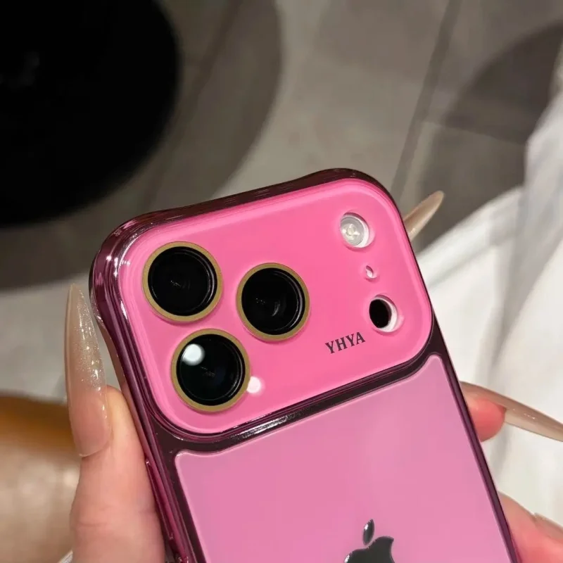 ChicCase Lab Pink Electroplated Tempered Glass iPhone Case with metallic camera frame
