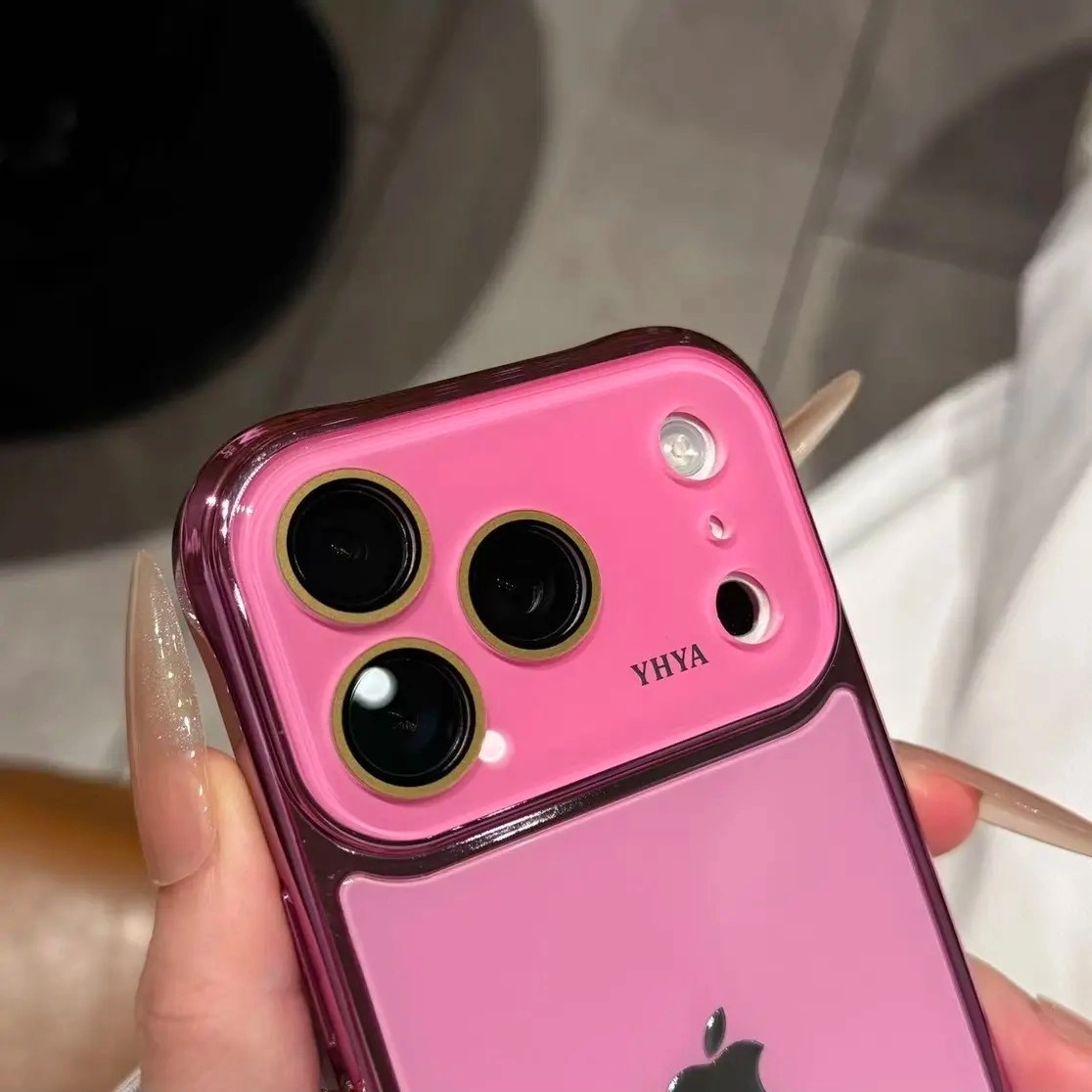 ChicCase Lab Pink Electroplated Tempered Glass iPhone Case with metallic camera frame