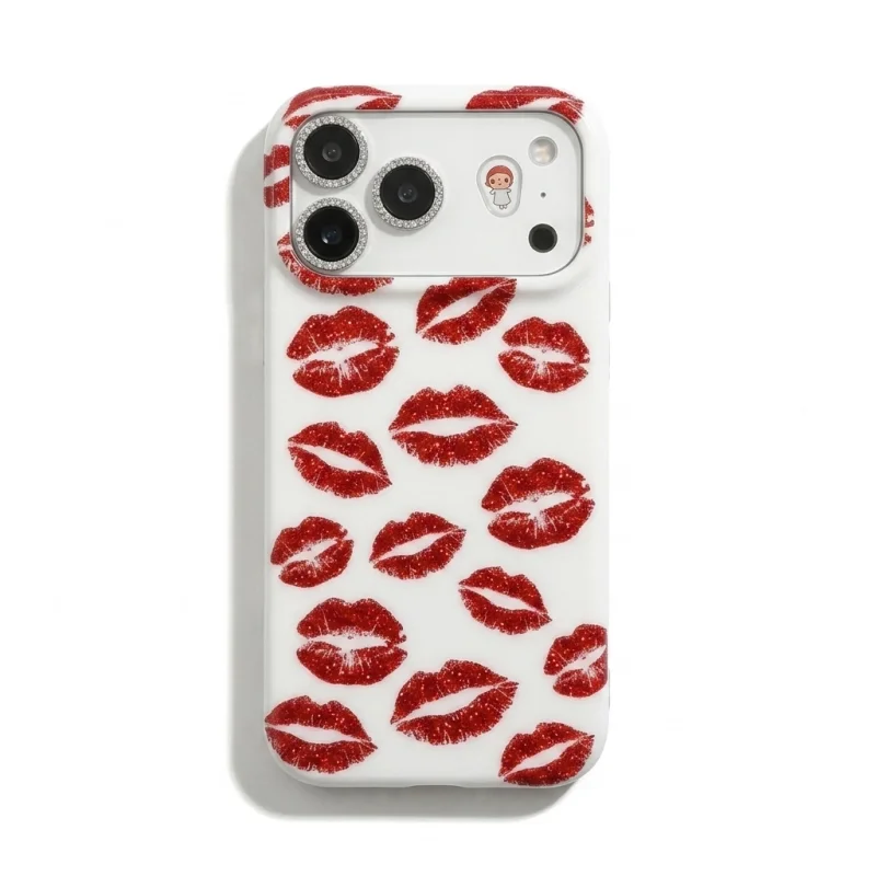 ChicCase Lab Black Glitter Lip Print iPhone Case with sparkling rhinestone camera frame