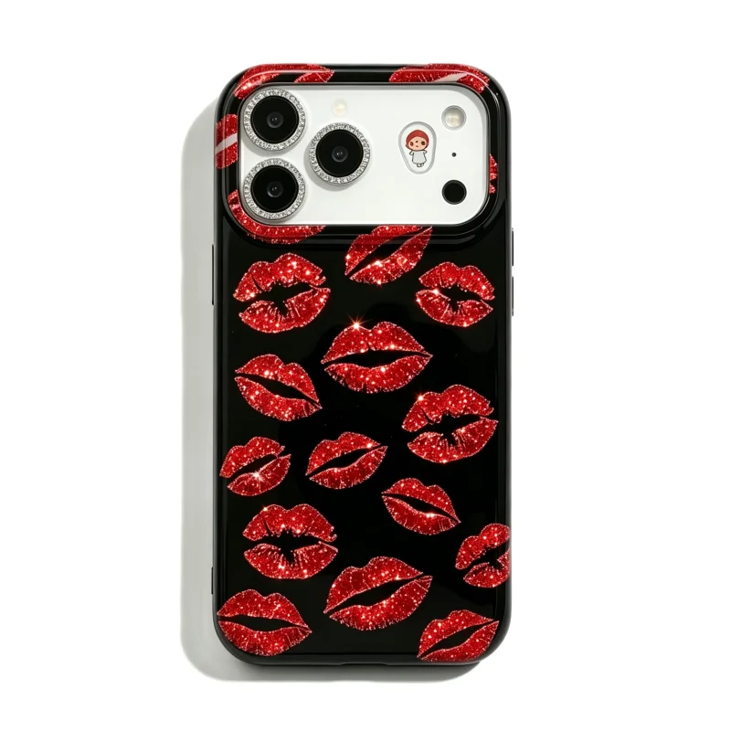 ChicCase Lab Black Glitter Lip Print iPhone Case with sparkling rhinestone camera frame