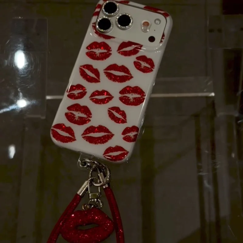 ChicCase Lab Black Glitter Lip Print iPhone Case with sparkling rhinestone camera frame