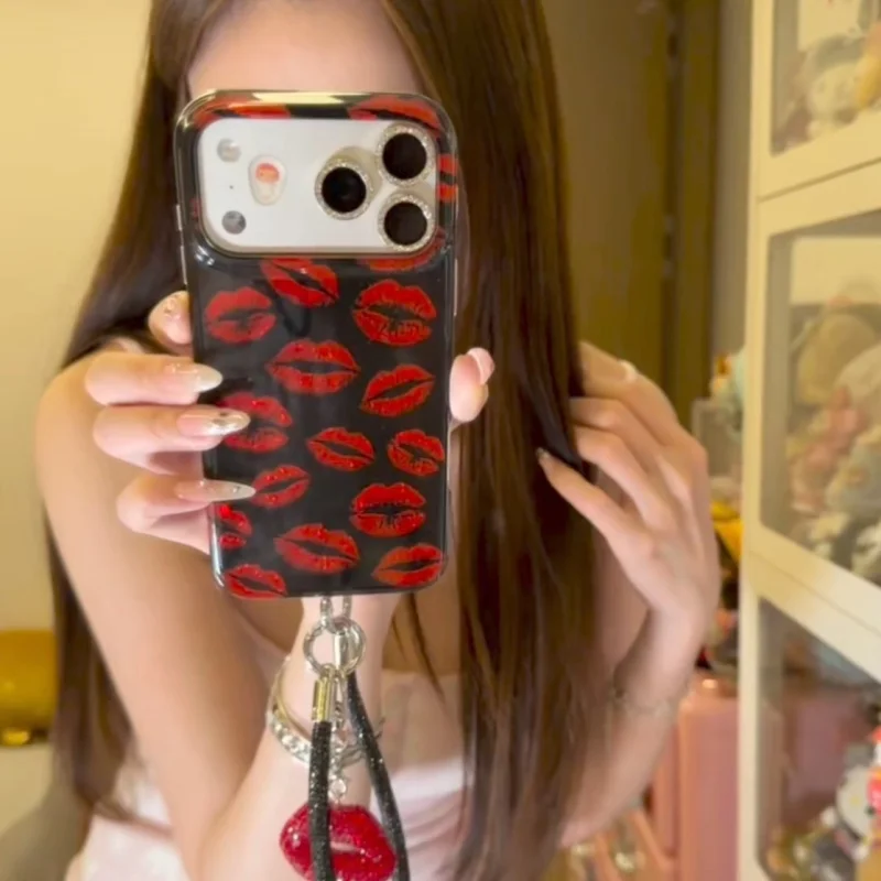 ChicCase Lab Black Glitter Lip Print iPhone Case with sparkling rhinestone camera frame