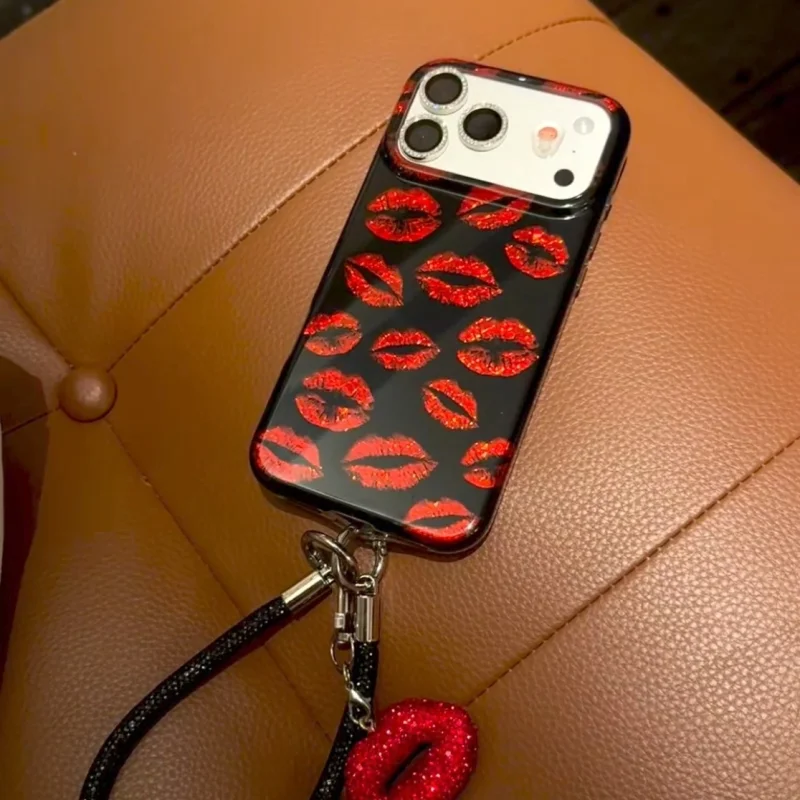 ChicCase Lab Black Glitter Lip Print iPhone Case with sparkling rhinestone camera frame