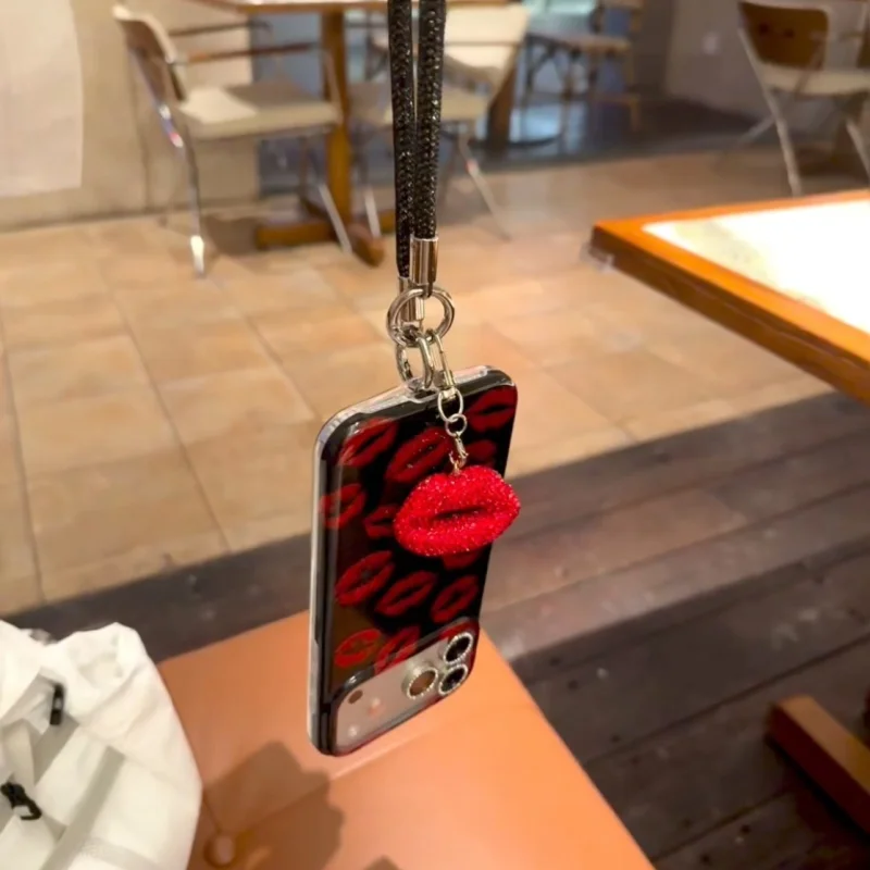 ChicCase Lab Black Glitter Lip Print iPhone Case with sparkling rhinestone camera frame