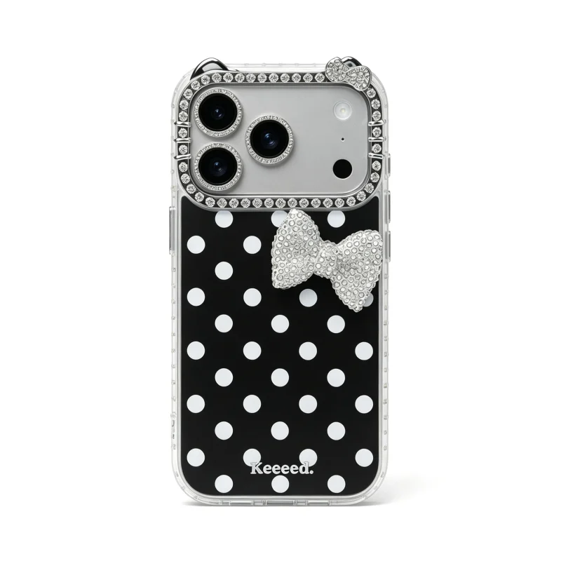 ChicCase Lab Cat Ear Mirror Polka Dot Rhinestone Bow Shockproof iPhone Phone Case