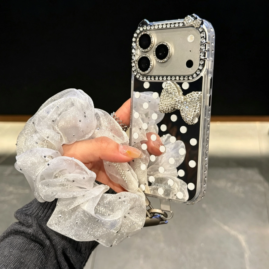 ChicCase Lab Cat Ear Mirror Polka Dot Rhinestone Bow Shockproof iPhone Phone Case