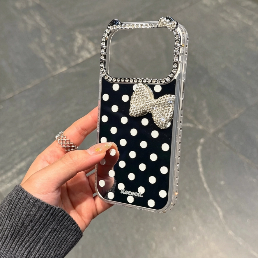 ChicCase Lab Cat Ear Mirror Polka Dot Rhinestone Bow Shockproof iPhone Phone Case