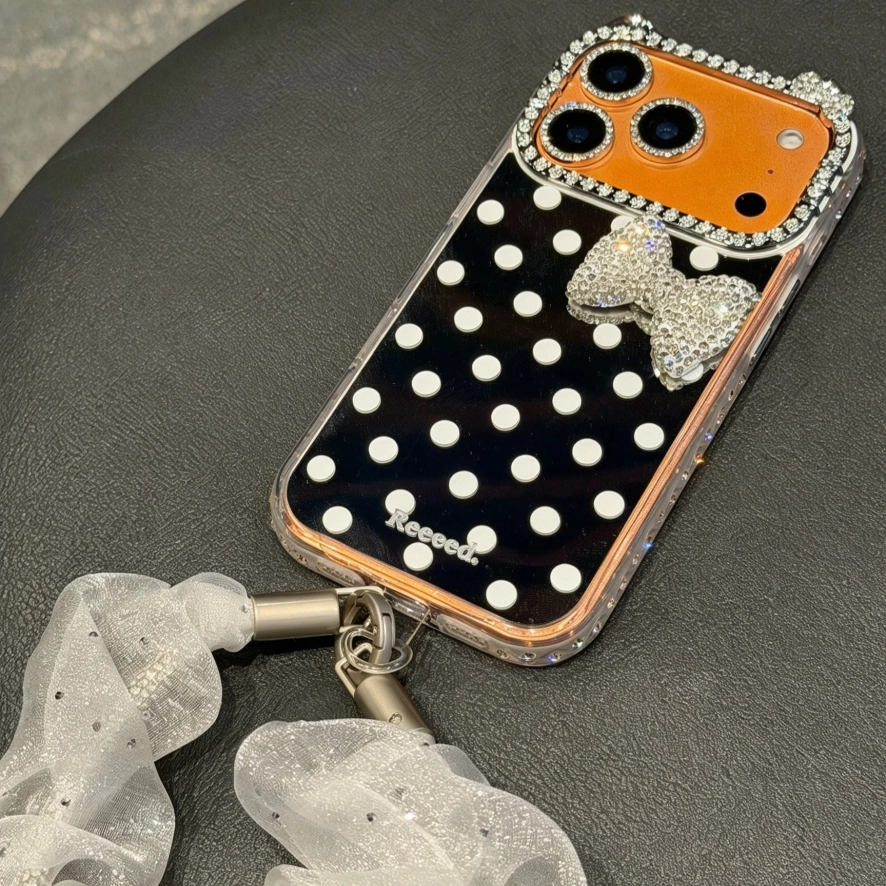 ChicCase Lab Cat Ear Mirror Polka Dot Rhinestone Bow Shockproof iPhone Phone Case