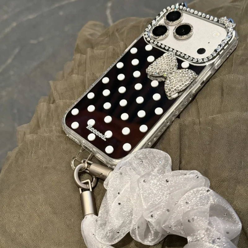 ChicCase Lab Cat Ear Mirror Polka Dot Rhinestone Bow Shockproof iPhone Phone Case