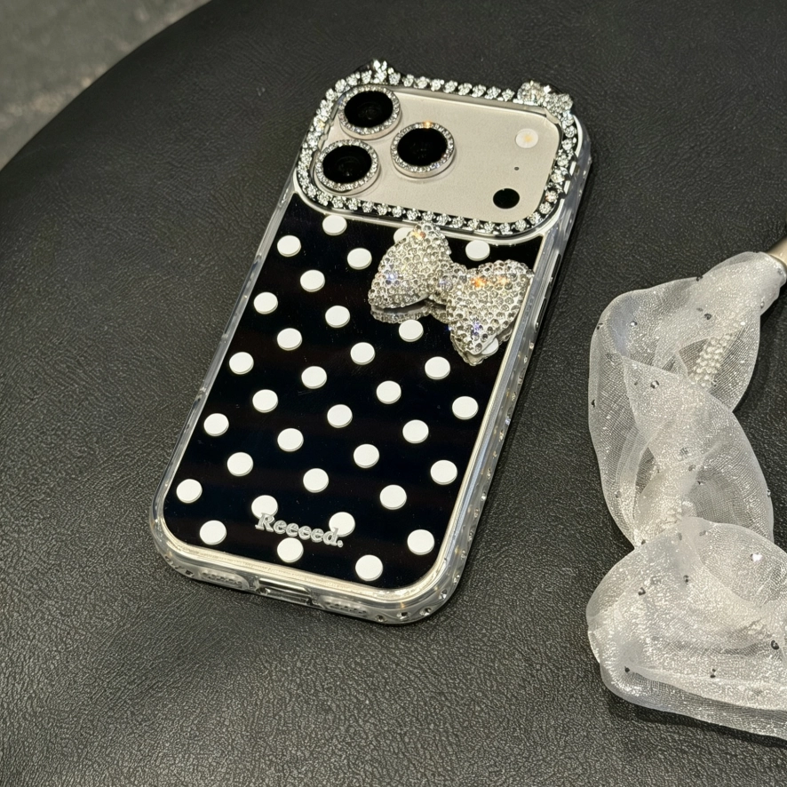 ChicCase Lab Cat Ear Mirror Polka Dot Rhinestone Bow Shockproof iPhone Phone Case