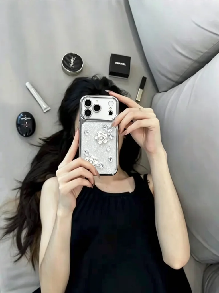 ChicCase Lab Sparkly Rhinestone Camellia Phone Case | At-home Selfie Shot