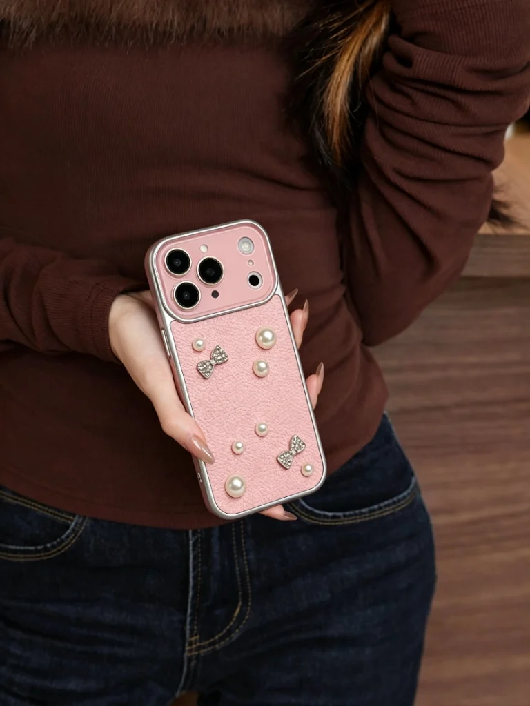 ChicCase Lab Luxury Leather-textured Pink Pearl Bow Phone Case | Outfit-matching Handheld Shot
