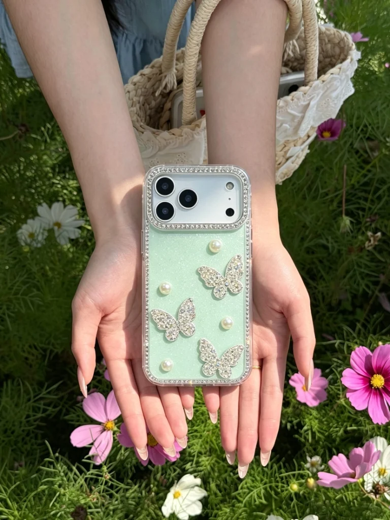 ChicCase Lab Cute Mint Green Butterfly Pearl Rhinestone Phone Case | Outdoor Floral Handheld Shot