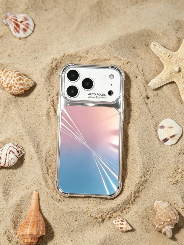 ChicCase Lab Minimalist Blue-Pink Gradient Clear Shockproof Phone Case | Beach Flat Lay