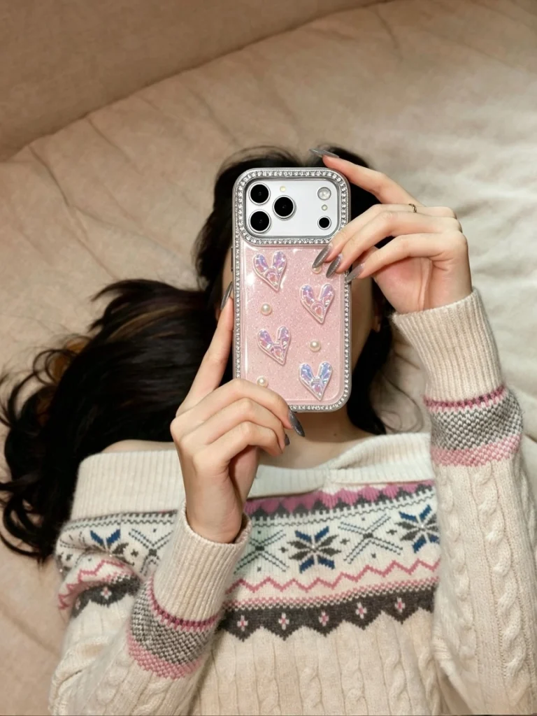 ChicCase Lab TK & IG Viral Pink Heart Rhinestone Phone Case with Chain | Real-person Handheld Selfie