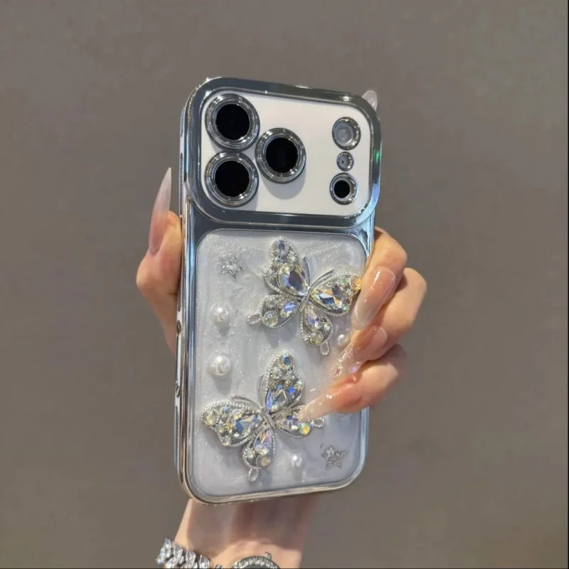 ChicCase Lab Electroplated Large Window 3D Pearl Rhinestone Butterfly Shockproof iPhone Phone Case