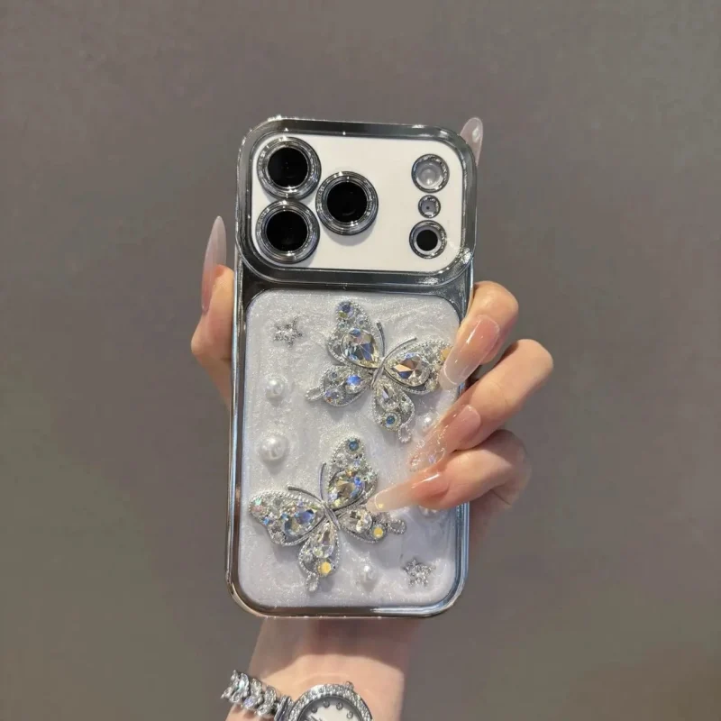 ChicCase Lab Electroplated Large Window 3D Pearl Rhinestone Butterfly Shockproof iPhone Phone Case