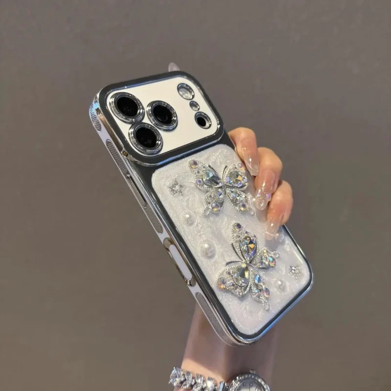 ChicCase Lab Electroplated Large Window 3D Pearl Rhinestone Butterfly Shockproof iPhone Phone Case