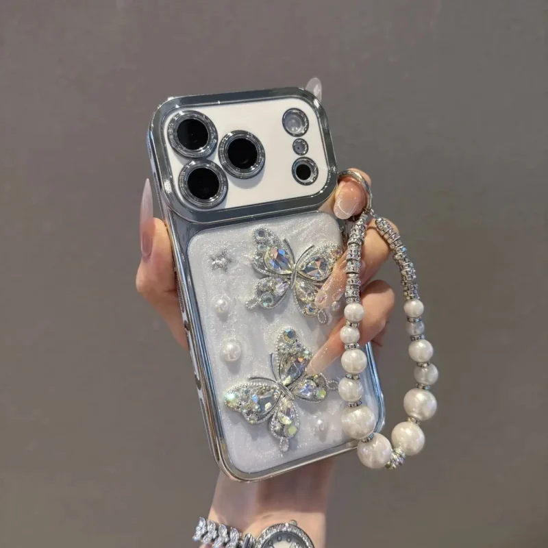 ChicCase Lab Electroplated Large Window 3D Pearl Rhinestone Butterfly Shockproof iPhone Phone Case