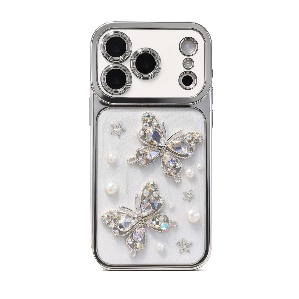 ChicCase Lab Electroplated Large Window 3D Pearl Rhinestone Butterfly Shockproof iPhone Phone Case