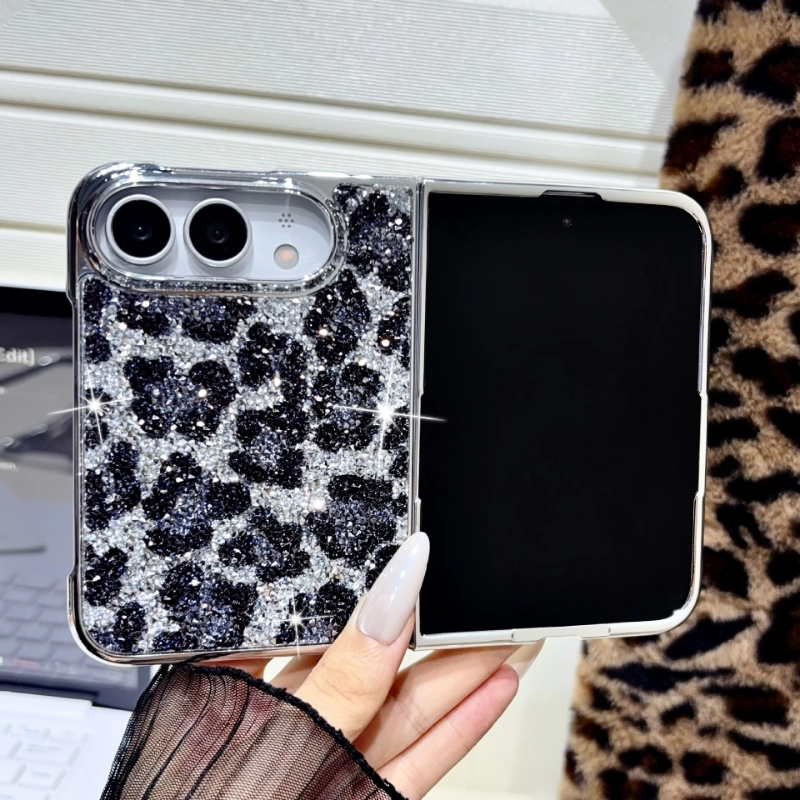 ChicCase Lab glitter leopard electroplated phone case for iPhone Duo, shiny sequin leopard pattern protective cover with beaded wrist strap, hinge full protection shockproof foldable phone case, 3 color options, case with or without strap