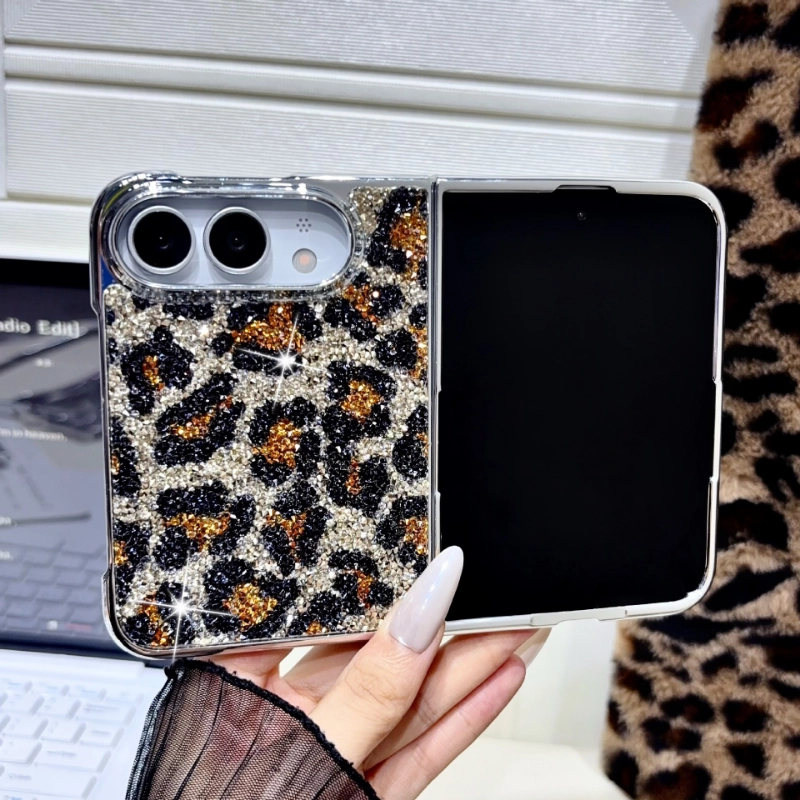 ChicCase Lab glitter leopard electroplated phone case for iPhone Duo, shiny sequin leopard pattern protective cover with beaded wrist strap, hinge full protection shockproof foldable phone case, 3 color options, case with or without strap