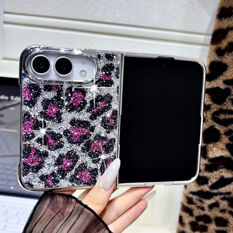ChicCase Lab glitter leopard electroplated phone case for iPhone Duo, shiny sequin leopard pattern protective cover with beaded wrist strap, hinge full protection shockproof foldable phone case, 3 color options, case with or without strap
